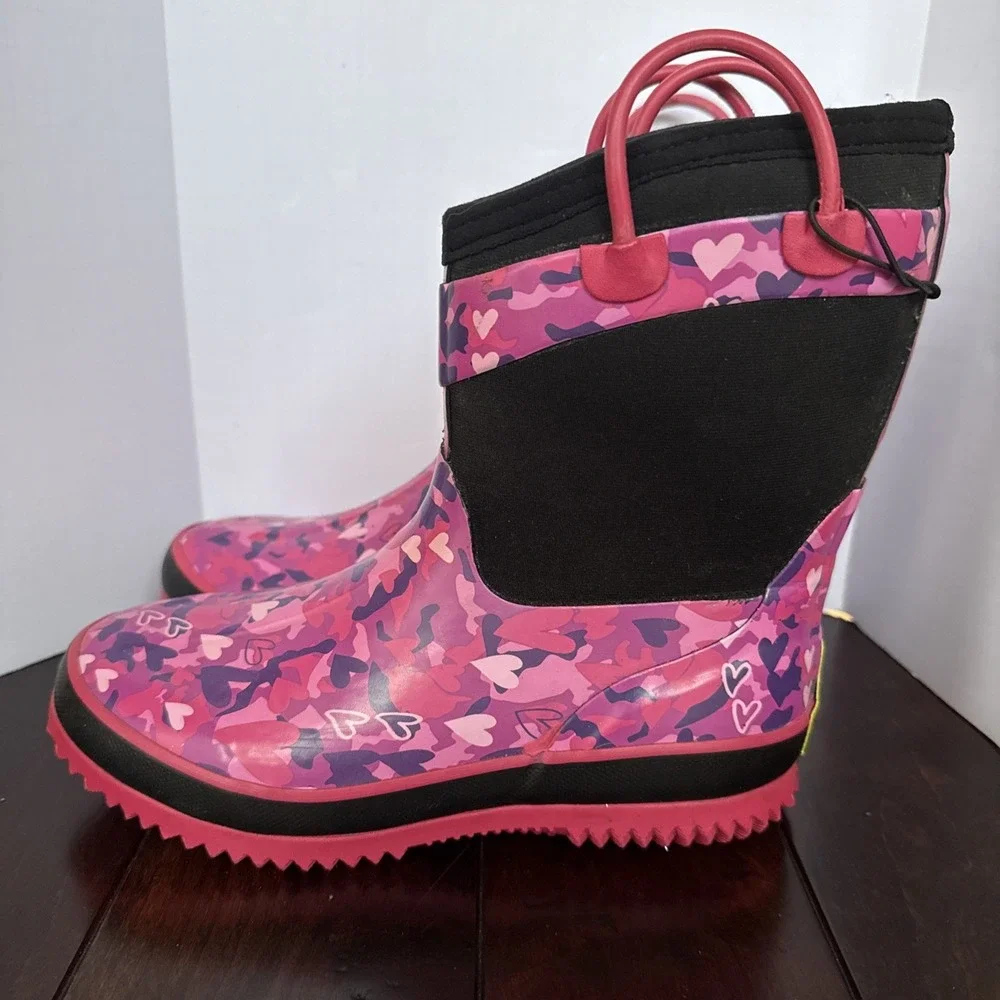 Western Chief Girls Boots Kids Sz 2/3‎ Waterproof Neoprene Pink Hearts Rain Snow